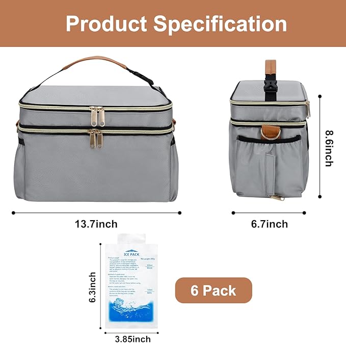 Breastmilk Cooler Bag with 6 Ice Pack, Wearable Breast Pump Bag Compatible with Willow, Elvie, Medela & Momcozy M5/S12 Pro Pumps & Accessories for Work, Travel and Family Use Grey-CubbioJoy