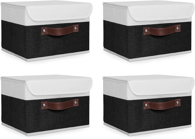 ANMINY 4PCS Storage Boxes with Lid Washable Decorative Storage Bins Basket with PU Leather Handle Foldable Linen Fabric Storage Cubes Containers for Home Closet Organizer - Black White, Small Size-CubbioJoy