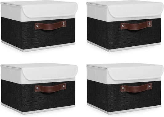 ANMINY 4PCS Storage Boxes with Lid Washable Decorative Storage Bins Basket with PU Leather Handle Foldable Linen Fabric Storage Cubes Containers for Home Closet Organizer - Black White, Small Size-CubbioJoy