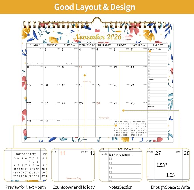 Calendar 2025-2027 22 Monthly Wall Calendar Runs from September 2025 until June 2027 Spiral Binding Hanging 11.5" x 14.7" Thick Paper with Julian Dates and Block for School Office（Flower）-CubbioJoy
