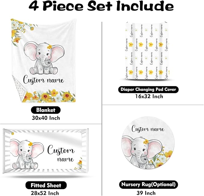 Custom Nursery Crib Bedding Set: 4 Piece Yellow Floral Elephant Design Baby Crib Sets for Girls with Personalized Name - Toddler Double Layer Blanket Set, Comfortable Crib Bed Sheets for Baby Toddlers-CubbioJoy
