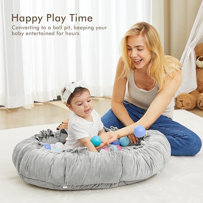 ANGELBLISS 5 in 1 Baby Play Gym Mat, Reversible Tummy Time Mat with 5 Sensory Toys for Stage-Based Developmental, Thick & Large Baby Activity Center from Newborn to Toddler (Grey)-CubbioJoy