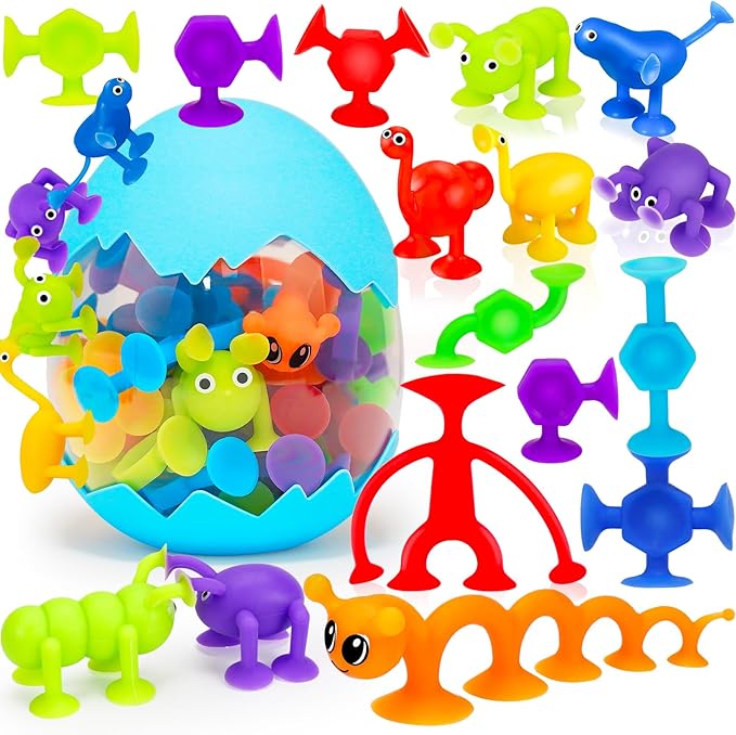 32 PCS Toddler Suction Cup Toys Kids Bath Toy 1-3 3-5 Party Favor Goody Prize Filler Stuffer Gifts for 2+ 3 4 5 6 Year Old Boy Girl Travel Sensory Fidget Window Water Table Toy with Eggshell Storage-CubbioJoy