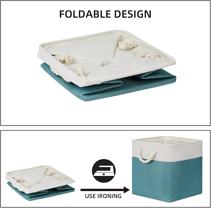 Bidtakay Fabric Baskets for Closets Shelves Lined Set of 3 Large Square Collapsible Storage Bins for Organizing 13 X 13 Cube Storage Bins for Pantry Organization Storage(Teal Blue)-CubbioJoy