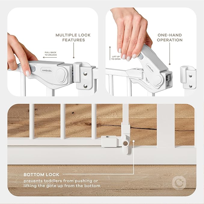 Comfy Cubs Baby Safety Gate with 3 Extensions - Adjustable 42" x 1.9" x 30" Q195 Steel Doorway Barrier - Powder-Coated Finish for Stairs and Doorways - Walk-Through Design Pet Gate - White-CubbioJoy