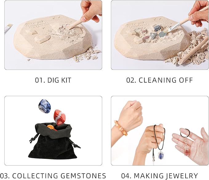 12PCS Gemstone Dig Kit for Kids – Dig Up Gems & Make Necklaces, Bracelets, Keychains – STEM Crystal Jewelry Craft Kit with Safety Goggles – Gift for Girls & Boys Ages 6 7 8 9 10 11 12-CubbioJoy
