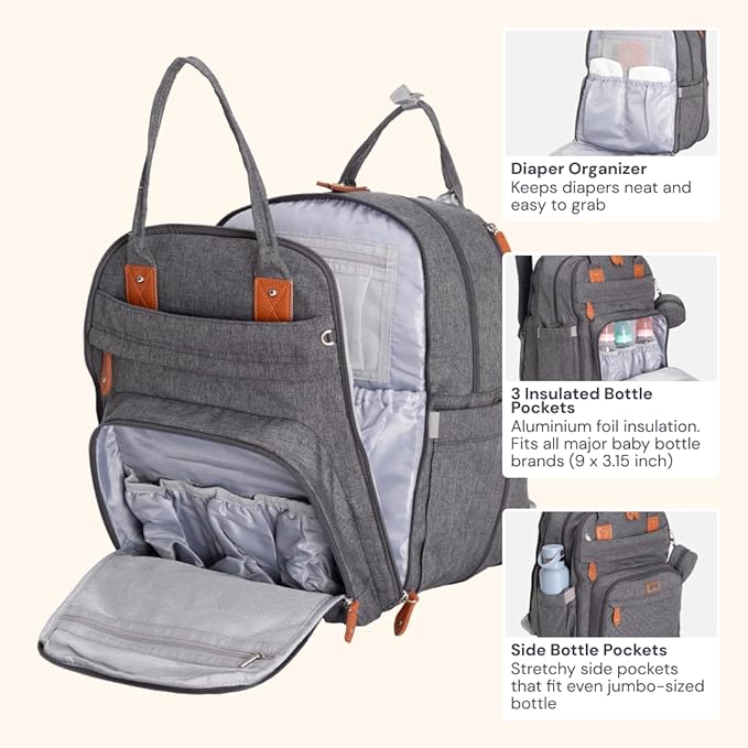 BabbleRoo Extra Large Diaper Bag Backpack, Expandable Baby Bag with Up to 50% More Capacity - Travel Essentials Baby Bag Tote with Changing Pad, Stroller Straps & Pacifier Case - Unisex, Dark Gray-CubbioJoy