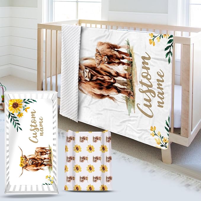 Custom Name Crib Bedding Set - Highland Cow Theme, Personalized Yellow Floral Nursery Bedding 3-Piece Set– Soft Blanket, Fitted Sheet, Changing Pad Cover – for Newborns Girls Nursery Gifts-CubbioJoy