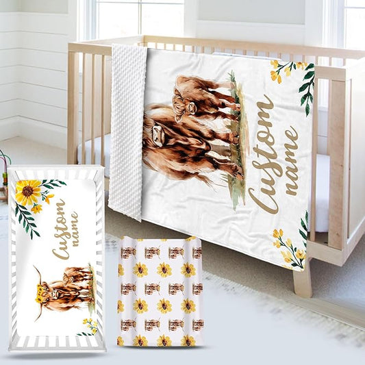 Custom Name Crib Bedding Set - Highland Cow Theme, Personalized Yellow Floral Nursery Bedding 3-Piece Set– Soft Blanket, Fitted Sheet, Changing Pad Cover – for Newborns Girls Nursery Gifts-CubbioJoy