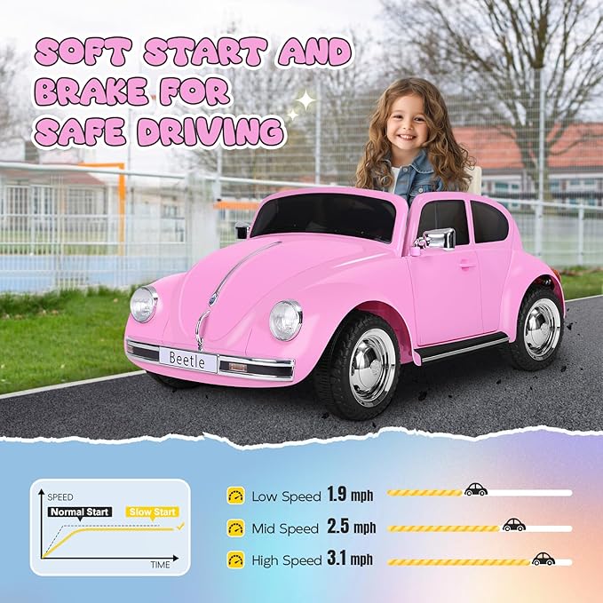 12V Kids Electric Car, Power Wheels with Remote Control, Ride on Car Toys with LED Light, 3 Speeds, Music, Pink-CubbioJoy