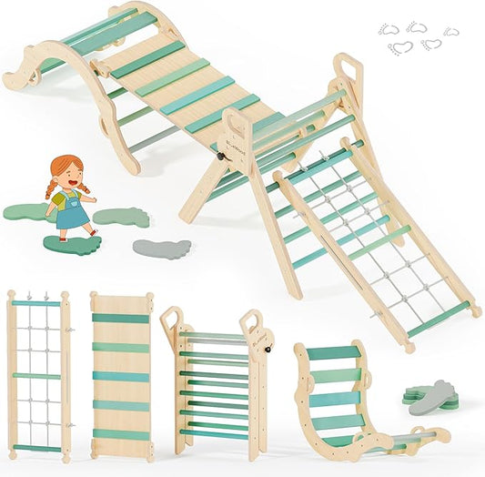 BlueWood 10-in-1 Pikler Triangle Set, Toddler Climbing Toys Indoor, Montessori Climber, Baby Jungle Gyms with Arch, Extra Rope Ladder & Footprint Balance Beam - Emerald Forest-CubbioJoy