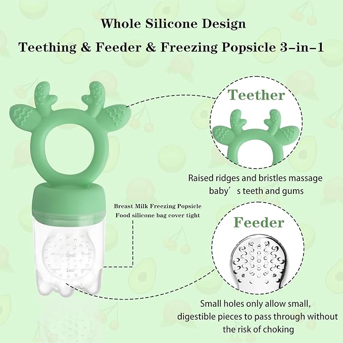 Baby Fruit Food Feeder - Silicone Nibble Tray Combo - Breastmilk Popsicle Mold for Cooling Relief, BPA Free Mesh Feeder for Infant Self Feeding (Deer Green + Pineapple)-CubbioJoy