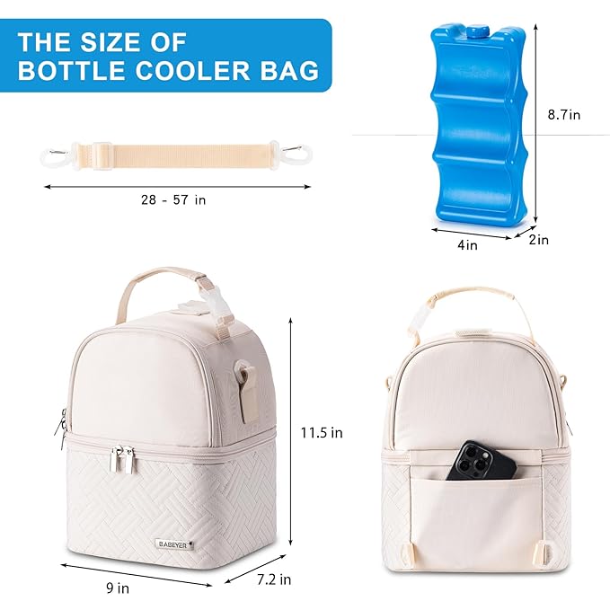 Breastmilk Cooler Bag with Ice Pack Fits 6 Baby Bottles up to 9 Ounce, Breast Milk Pump Cooler Bag with Shoulder Strap for Nursing Mom Daycare, Work, Travel- Cream-CubbioJoy