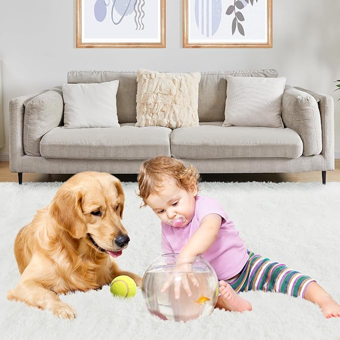 9x12 White Fluffy Plush Area Rug, Ultra Soft Bedroom Rug Indoor Carpet, Anti-Skid High Pile Luxury Rugs for Nursery, Kids Room, Playroom, Home Decoration-CubbioJoy