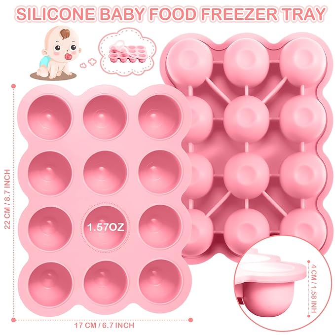 3 Pcs Baby Food Storage Container 12 Cup Silicone Baby Food Freezer Tray with Lid Stackable Reusable Silicone Baby Food Freezer Storage Tray for Food Vegetable Fruit Puree and Breast Milk (Pink)-CubbioJoy