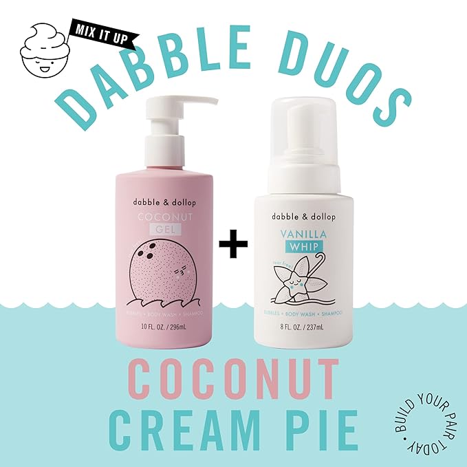 Dabble & Dollop Coconut + Vanilla Body Wash & Shampoo – 3-in-1 Natural Bubble Bath for Kids, Made in USA, No Parabens or Sulfates, Vegan, Gluten-Free, Tear-Free (2-Pack)-CubbioJoy