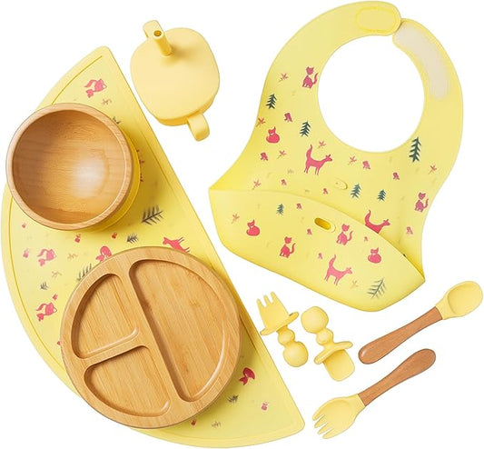 Bamboo Baby Feeding Set for Infants & Toddlers - Baby Essentials, Non-Toxic, Sustainable, Bamboo Suction Plate & Bowl, Bib, Sippy Cup w/Lid & Straw, Daily Use, Travel, Baby Shower Gifts (Yellow)-CubbioJoy