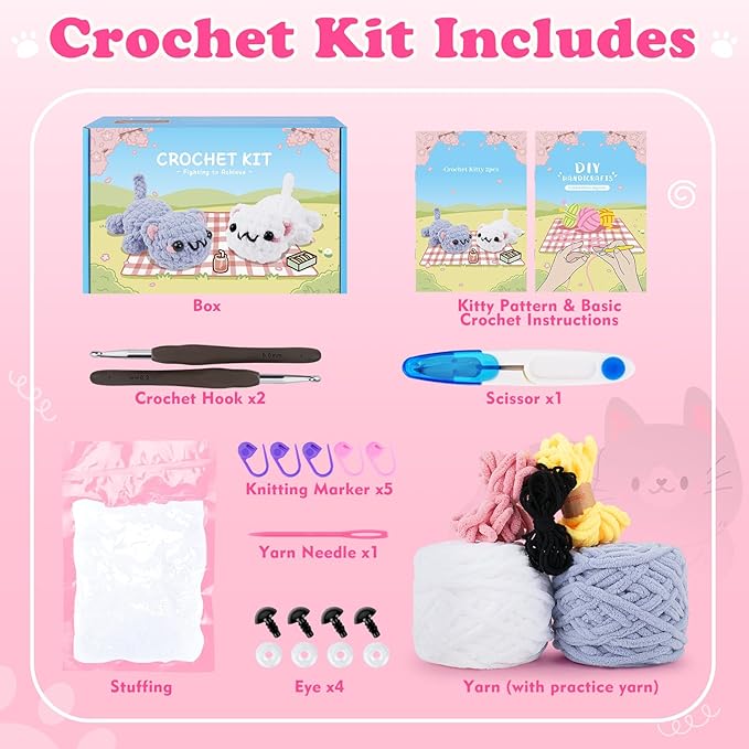 Crochet Kit for Beginners - 2PCS Kitty Crochet Kit with Step-by-Step Video Tutorials, Crochet Starter Kit for Adults and Kids, Learn to Crochet Cat, Beginner Crocheting Kit Easy Peasy Yarn-CubbioJoy
