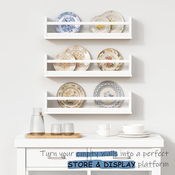 24 Inch White Wall Bookshelf for Kids Room, Floating Nursery Book Shelves Wall Mounted with Lip and Hanging Rod for Baby Girl Boy Bedroom, Large Corner Hanging Children Bookshelves -Set of 3-CubbioJoy