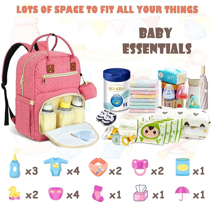 Baby Diaper Bag Backpack, Travel Diaper Bags for Babys Girl Boy Large Capacity Baby Bag Backpack for Women Pink-CubbioJoy
