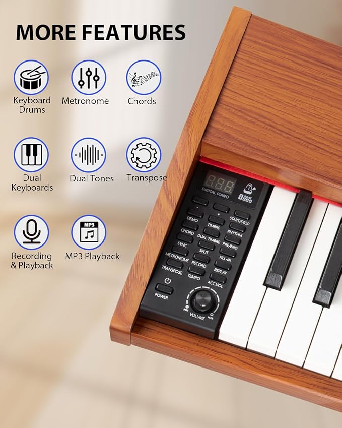 88 Key Digital Piano Keyboard for Beginners - Full Size Semi Weighted Wooden Electric Piano Set with Stand, Triple Pedal, Headphone,Carry Bag - Supports USB-MIDI Connecting (Wood Grain Brown)-CubbioJoy