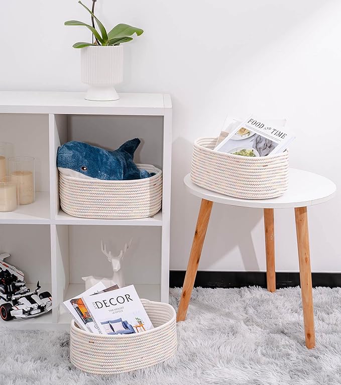 Baskets&Bins for Shelf Storage &Organizing/Cute Basket to Store and Organize Daily Items/Woven Rope Basket for Living Room, Bedroom,Playroom/Small Oval-13x8.66x5.11’’,3 Packs Rainbow-CubbioJoy