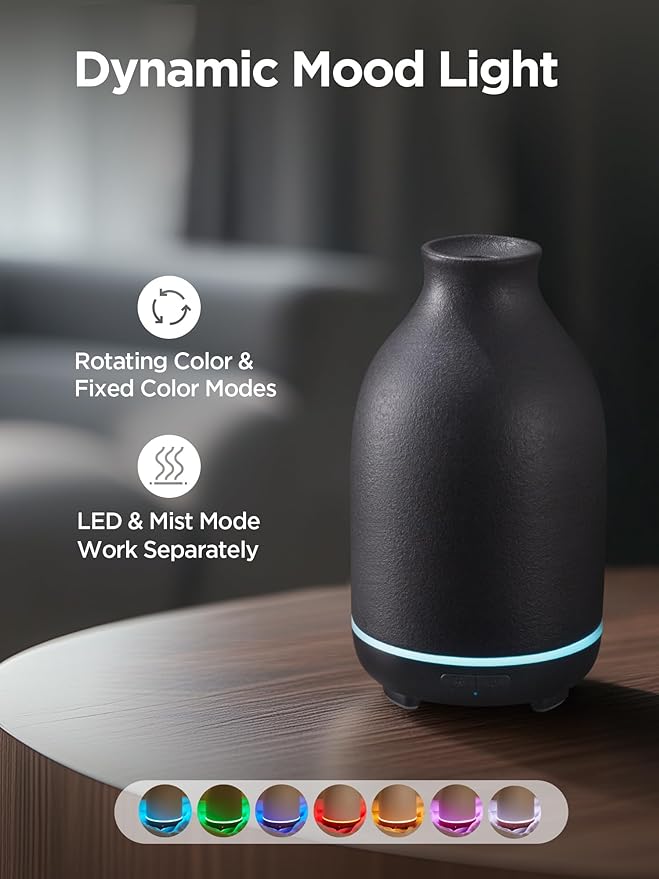 InnoGear Essential Oil Diffuser, 150ml Ceramic Stone Diffuser Handcrafted Aromatherapy Diffusers Ultrasonic Cool Mist Humidifier Vaporizor with 2 Mist Modes Waterless Auto Off for Room Office, Black-CubbioJoy