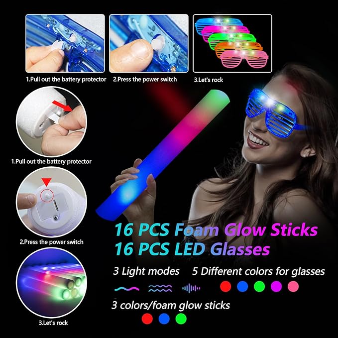 148 PCS Glow in the Dark Party Supplies, 16PCS Foam Glow Sticks, 16PCS LED Glasses,100PCS Glow Sticks Bracelets and 16Pcs LED Hair Clips Fiber Optic for Glow Party, Wedding, Halloween Party-CubbioJoy
