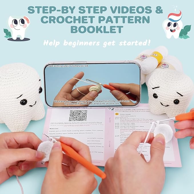 Crochet Kit for Beginners, Crochet Kit w Step-by-Step Video Tutorials, Crochet Starter Kit Learn to Crochet Kits for Adults Kids Beginners, Crochet Kit Tooth (40%+ Yarn Content)-CubbioJoy