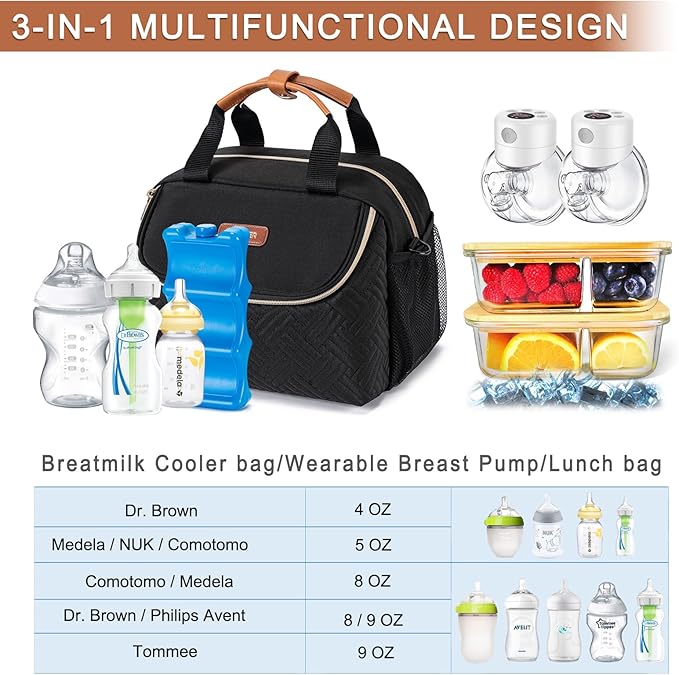 Breastmilk Cooler Bag with Ice Pack Fits 6 Baby Bottles up to 9 Ounce, Wearable Breast Pumps Cooler Bag for Nursing Mom Daycare, Work, Travel- Black-CubbioJoy