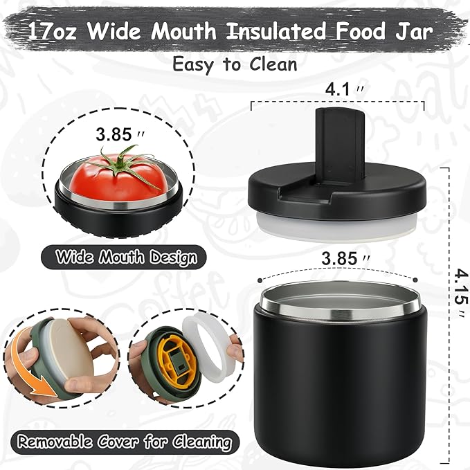 19oz Insulated Vacuum Food Jar with Buckle Lid Wide Mouth Soup Thermo for Hot Food Kids Leakproof Stainless Steel Lunch Container- Black-1Pack-CubbioJoy