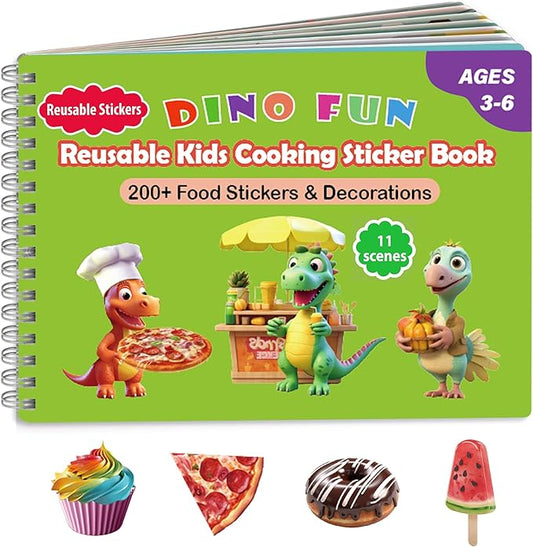 Dino Fun Cooking Food Reusable Sticker Book for Kids,11 Scenes + Over 200 Food Stickers,Treats Sticker Book for Toddlers 3-6 Years,Removable Decoration Snack Stickers,Make A Face Cupcake Sticker-CubbioJoy
