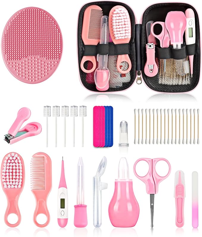 Baby Grooming and Healthcare Kit, Portable Baby Safety Care Set with Hair Brush Comb Nail Clipper Nasal Aspirator for Nursery Newborn Infant Girl Boy (25 in 1 Pink)-CubbioJoy