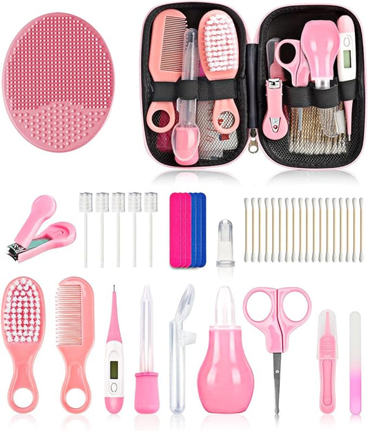 Baby Grooming and Healthcare Kit, Portable Baby Safety Care Set with Hair Brush Comb Nail Clipper Nasal Aspirator for Nursery Newborn Infant Girl Boy (25 in 1 Pink)-CubbioJoy