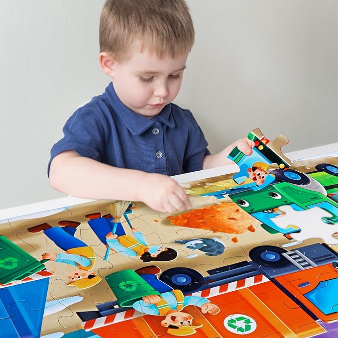 Jumbo Floor Puzzle for Kids,Recycling Garbage Truck Jigsaw Large Puzzles,48 Piece Trash Truck Vehicle Puzzle for Toddler Ages 3-5,Children Learning Preschool Educational Toys,Gift for 4-8 Years Old-CubbioJoy