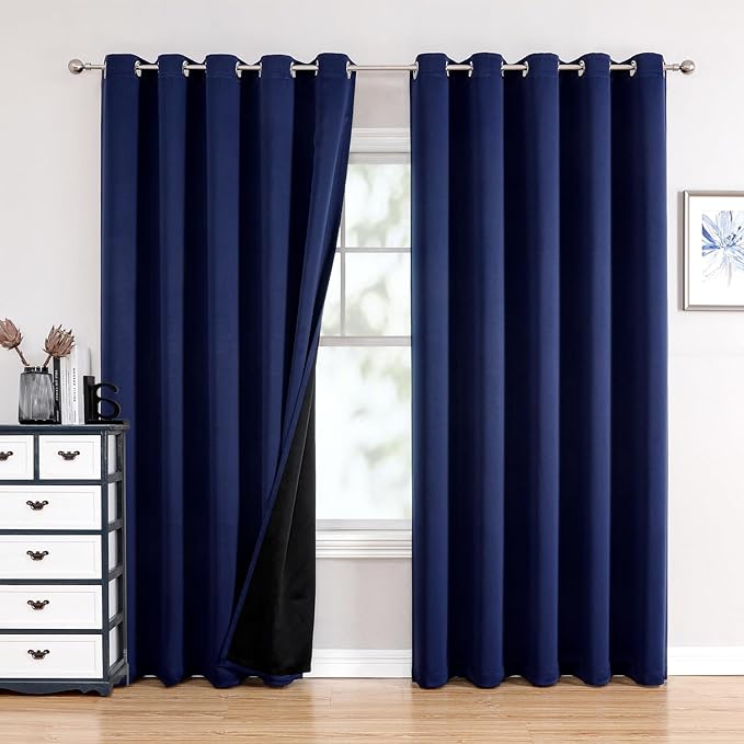 ChrisDowa 100% Blackout Curtains 84 inch Long for Bedroom with Black Liner, Extra Wide 2 Thick Layers Total Blackout Thermal Insulated Grommet Window Curtains 2 Panels Set (Navy Blue, 60 x 84 Inch)-CubbioJoy
