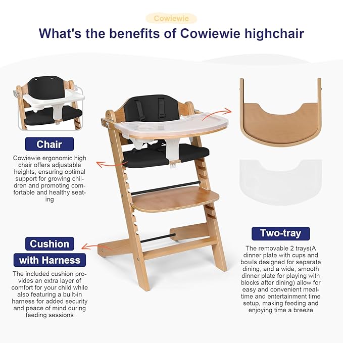 Cowiewie Natural Wooden High Chair for Babies & Toddlers 3-Tier Remove & 2 Adjustable Tray, 8 Adjustable Highchair with Cushions, Easy to Clean (Black)-CubbioJoy