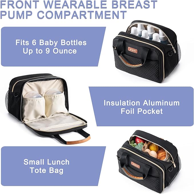 Breastmilk Cooler Bag with Ice Pack Fits 6 Baby Bottles Up to 9 Ounce, Compatible with Wearable Breast Pumps & Accessories-Black-CubbioJoy