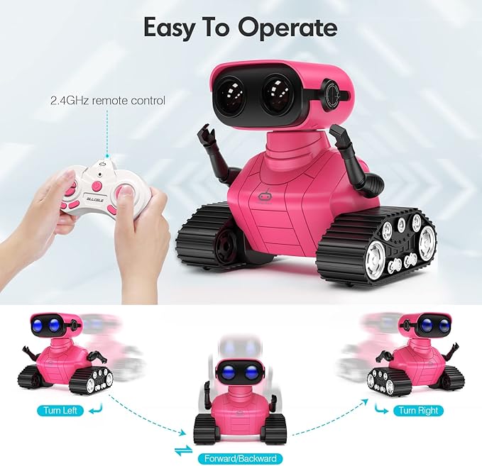 ALLCELE Robot Toys, Rechargeable RC Robots for Kids Boys, Remote Control Toy with Music and LED Eyes, Gift for Children Age 3 Years and Up - Rose Red-CubbioJoy
