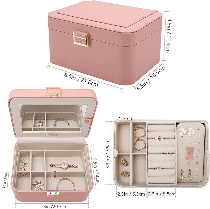 KAMIER Jewelry Boxes for Women, 2 Layers PU Leather Travel Jewelry Box, Large Capacity, Double Lock and Large Mirror, Hidden Necklace Hooks, Removable Dividers, Gift Box Packaging, Pink-CubbioJoy