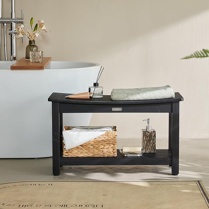 30'' Waterproof Shower Stool, Poly Lumber Shower Bench Seat for Shaving Legs, HDPS Plastic Bath Chair Seat, Non-Slip & No Maintenance, Black, Weight Capacity 700LBS (30 x 13 Inches)-CubbioJoy