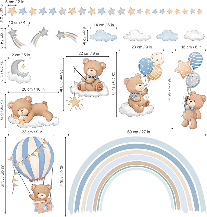 decalmile Rainbow Animal Wall Decals Hot Air Balloon Animals Bear Clouds Wall Stickers Baby Nursery Kids Bedroom Living Room Wall Decor-CubbioJoy