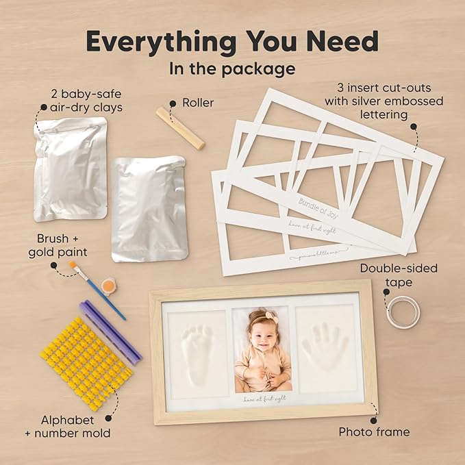 Baby Hand and Footprint Kit - Clay Handprint Keepsake Frame, Newborn Nursery Picture Frame, Personalized New Mom Gifts for Baby Shower & Registry (Ash Wood)-CubbioJoy