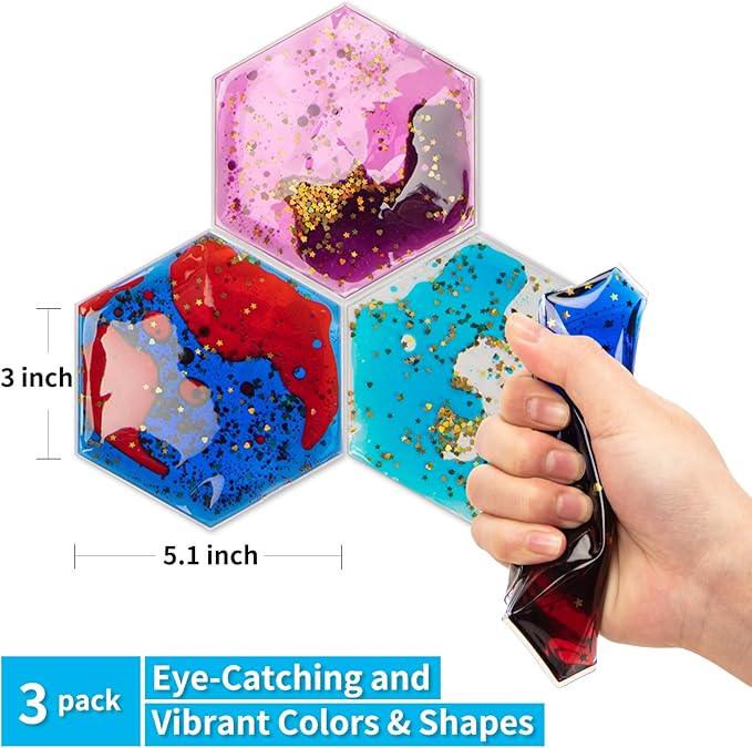 Art3d Hexagon Sensory Fidget Liquid Motion Tiles for Kids, Toddler, Teens - Interactive Soft Gel Liquid Play Mats for Home, Schools, Playrooms, Multi-Pack of 3 Tiles-CubbioJoy