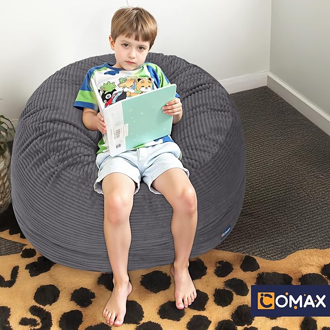 COMAX Kids Bean Bag Chair Turn into Beanbag Bed, Toddler Bean Chair Corduroy for Girl Boy Sleeping, Lazy Children Bean Bags with Filler, Convertible Child Floor Mattress, Charcoal-CubbioJoy