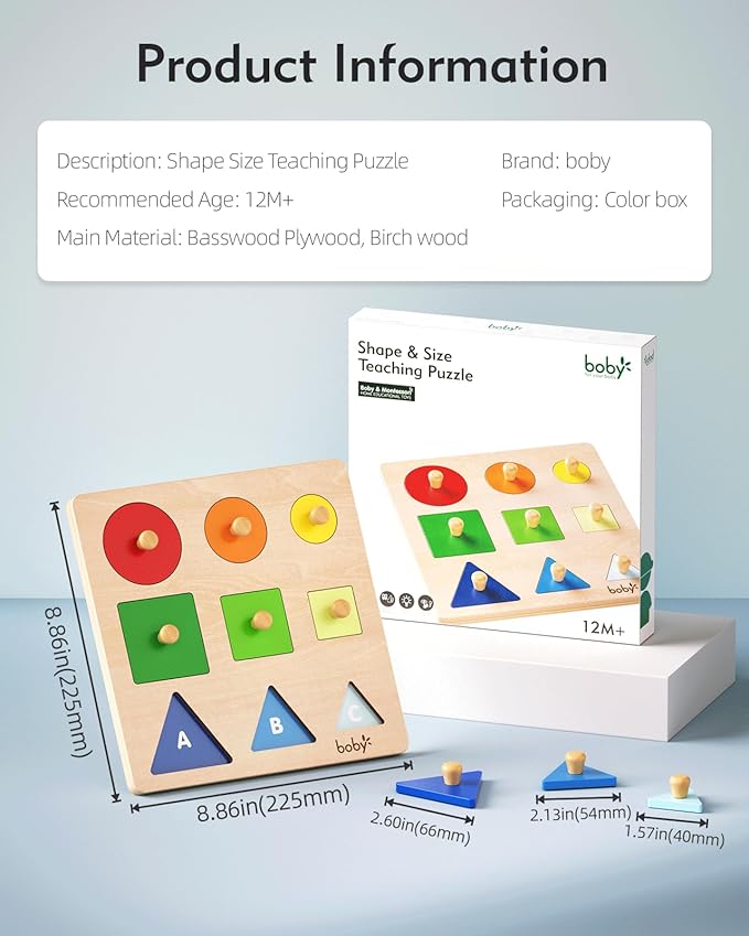 Boby Montessori Puzzles for Babies 12-18-24 Months, Wooden Jumbo Knob Peg Puzzle Shape sorter for Toddlers 1-3 Year Old, Early Learning Sensorial Toys (Shapes & Size Sorting Puzzle)-CubbioJoy