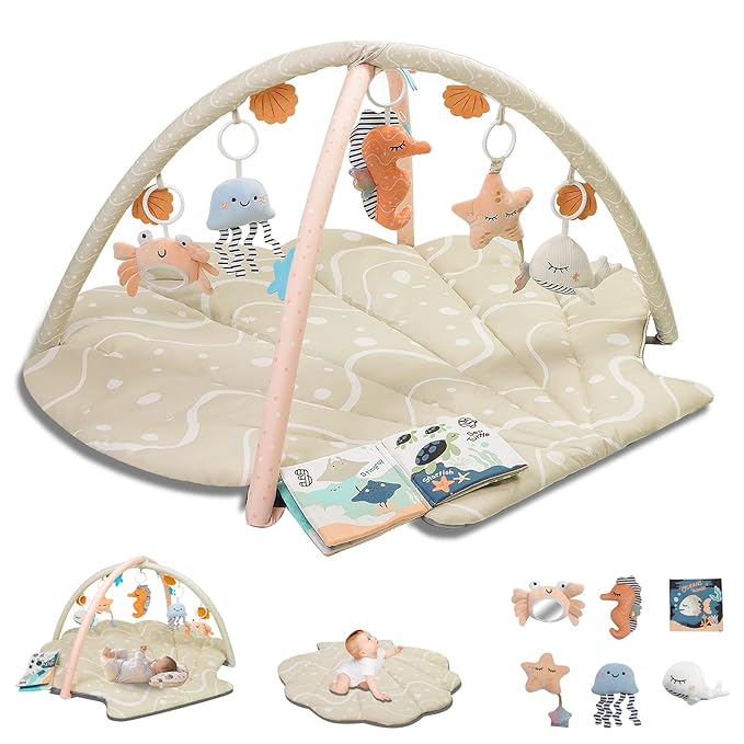Baby Play Mat, Oversize Shell Tummy Time Mat with 6 Detachable Baby Activity Toys, Baby Gyms & Playmats for Babies 0-6 Months, Baby Mat for Floor Newborn Baby Shower Gifts (Beige)-CubbioJoy