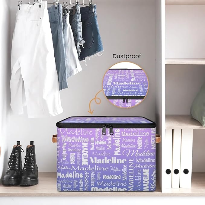 Custom Storage Basket with Name, Personalized Storage Bins with Zipper Lid, Foldable Fabric Storage Box Large capacity with Handle Purple-CubbioJoy