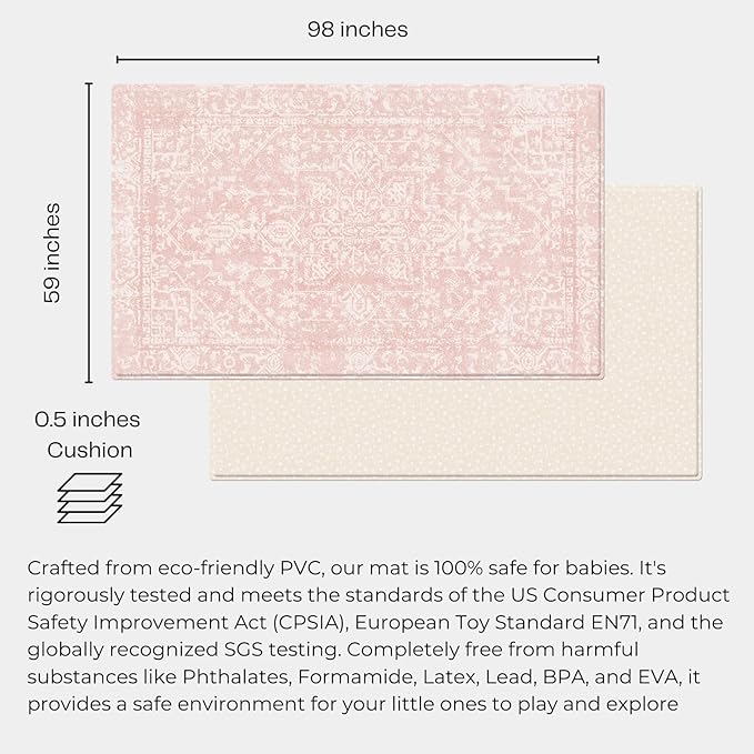 Baby Care Soft Rug (Prestige, Ikat - Inca Pink) 98'' x 59'' Original One-Piece Reversible Rollable Waterproof Play Mat for Infants, Babies, Toddler, and Kids-CubbioJoy