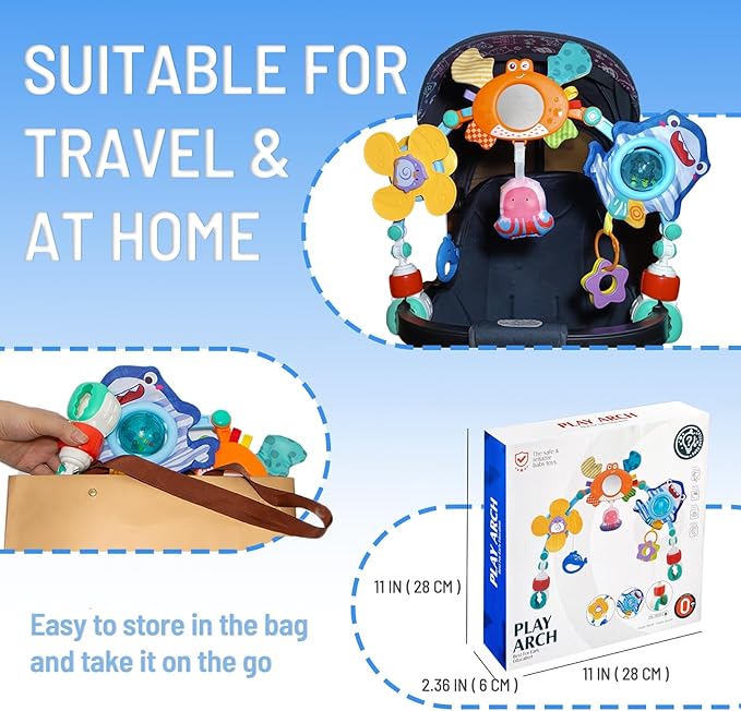 Adjustable Baby Stroller Arch Toy, Car Seat Toys for Infants 6-12 Months Hanging Toy Bar Attachment with Teether & Sound, Crib Comfort Gift for Birthday, Baby Shower-CubbioJoy